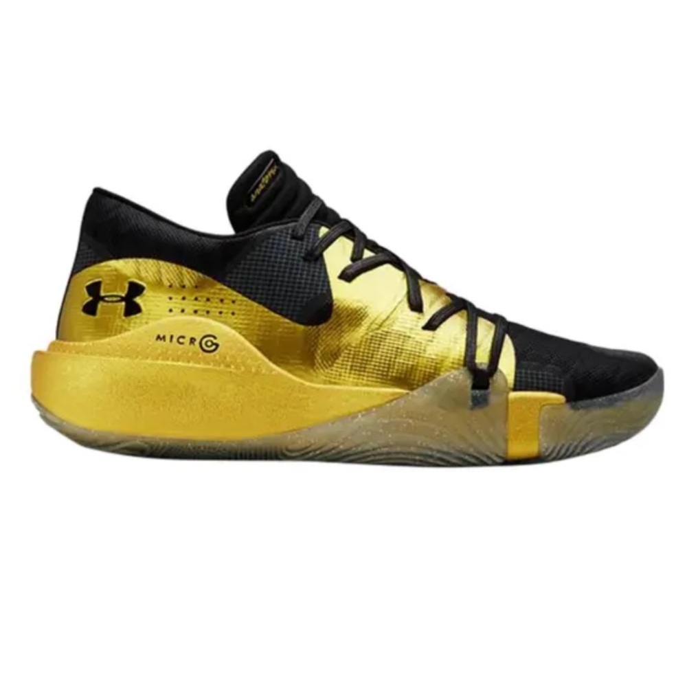 EUC Under Armour Men’s Anatomix Spawn Low Metallic Gold and Black Sneakers Sz 13